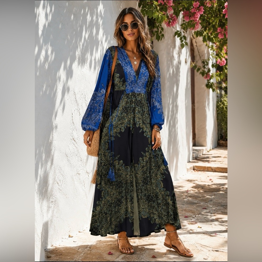 Free People Blue & Black Paisley V-Neck Jumpsuit